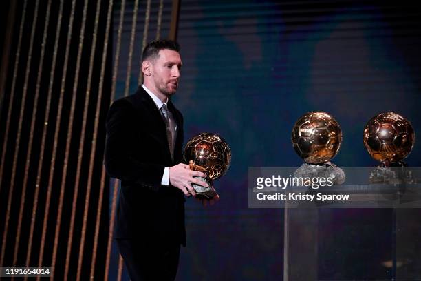 Lionel Messi excepts his sixth Ballon D'Or award during the Ballon D'Or Ceremony at Theatre Du Chatelet on December 02, 2019 in Paris, France.