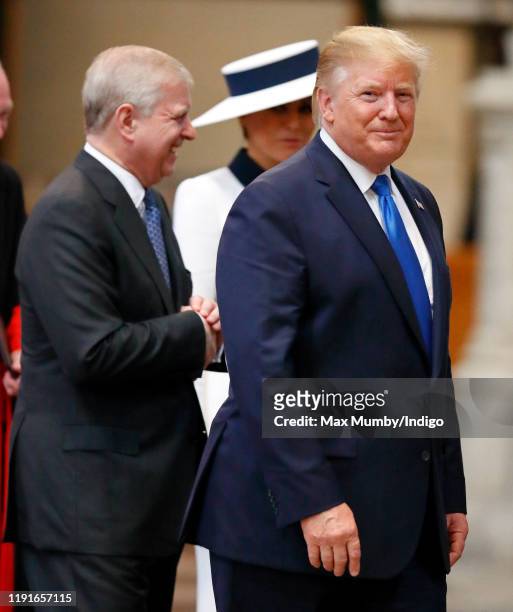 President Donald Trump and Melania Trump, accompanied by Prince Andrew, Duke of York, visit Westminster Abbey where he laid a wreath at the grave of...