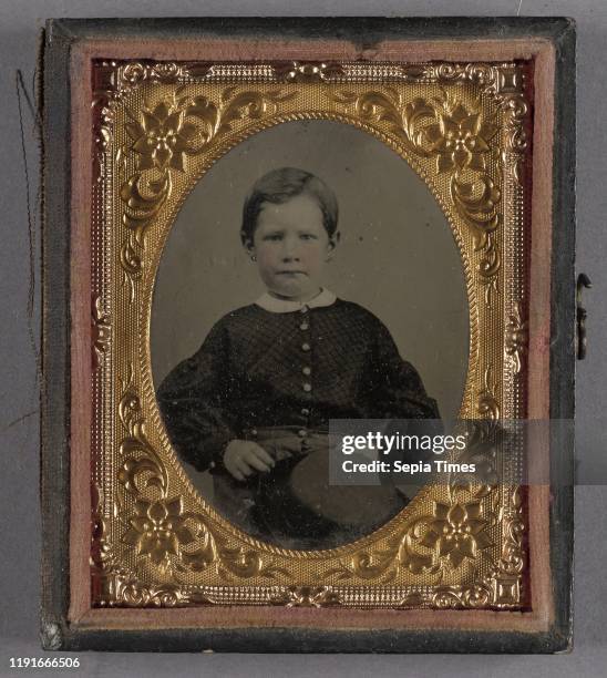 Portrait of a Seated Boy with Hat on Lap, Unknown maker, American, 1864Ð1866, Tintype, hand-colored, 4.9 _ 3.8 cm