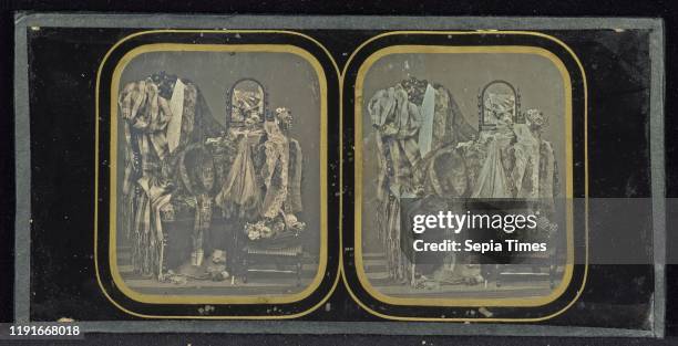 Still life of boudoir with basket of flowers and white cat, Louis Jules Duboscq-Soleil, about 1855, Stereograph, daguerreotype