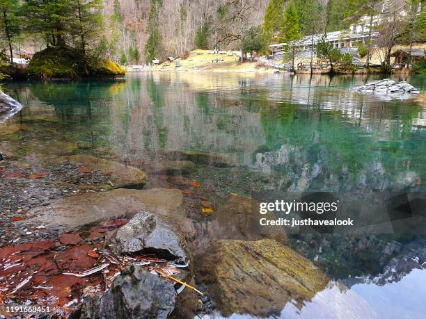 lake blausee in kanton bern in end of winter - mitholz stock pictures, royalty-free photos & images