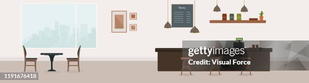 ilustraciones, imágenes clip art, dibujos animados e iconos de stock de interior vacío del café. cafetería con mostrador de bar marrón, mesa y sillas. diseño plano. diseño de interiores de cafetería o restaurante con cafetería, ilustración vectorial. interior vacío del café - interior