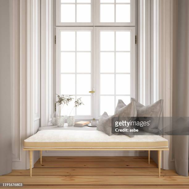 tranquil window side with pillows and bench - window curtains stock pictures, royalty-free photos & images