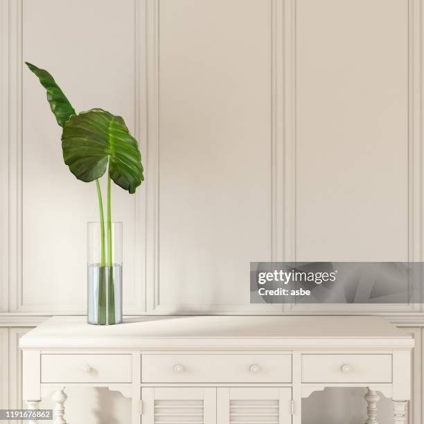 minimalistic white wooden interior with a drawer copy space - white pot plant stock pictures, royalty-free photos & images