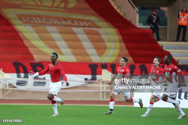 Monaco's Spanish-born Senegalese forward Keita Balde celebrates after scoring second goal during the French Cup football match between Monaco and...