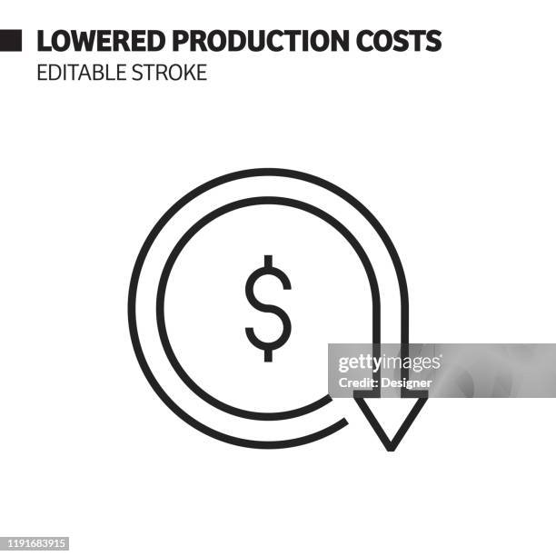 生産コストラインアイコン、アウトラインベクトルシンボルイラストを削減しました。ピクセルパーフェクト、編集可能なストローク。 - lowering of prices点のイラスト素材／クリップアート素材／マンガ素材／アイコン素材