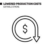 Lowered Production Costs Line Icon, Outline Vector Symbol Illustration. Pixel Perfect, Editable Stroke.