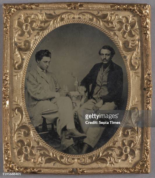 Portrait of Two Seated Men Drinking / E.J. Parker and Cortez Slayton, Morrisville, Vermont, Unknown maker, American, 1864-1866, Tintype, 6.4 _ 5.1 cm