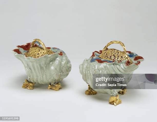 Pair of Pot-pourri Bowls, porcelain about 1660 - 1680, mounts about 1750, Hard-paste porcelain, celadon ground color, and polychrome enamel...