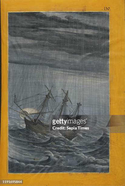 Ship in a Stormy Sea, Georg Strauch , Nuremberg, Germany, about 1626 - 1711, Tempera colors with gold and silver highlights on parchment, Leaf: 37.6...