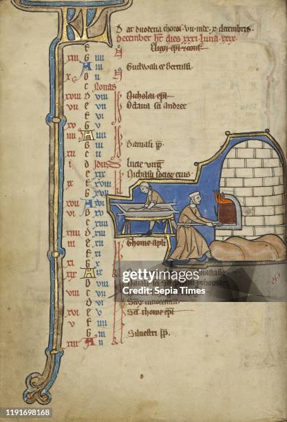 December Calendar Page, Baking Bread, Bruges , Belgium, mid-1200s, Tempera colors, gold leaf, and ink on parchment, Leaf: 23.5 _ 16.5 cm