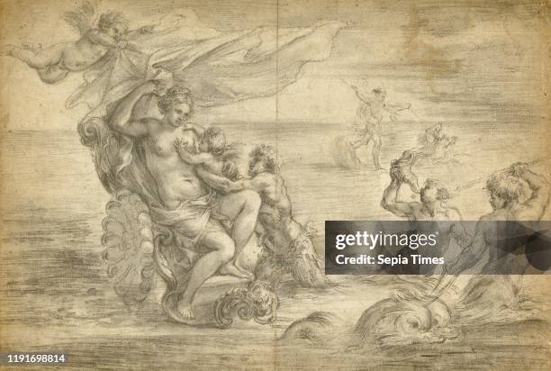 Venus in Her Sea Chariot Suckling Cupid, Alessandro Algardi , about 1645, Black chalk, partially pricked for transfer, 30.3 x 44.8 cm