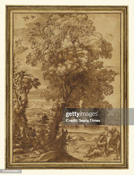 Landscape with the Holy Family , Alessandro Algardi , and Giovanni Francesco Grimaldi , about 1650, Pen and brown ink with brown wash, 36.5 x 26.4 cm