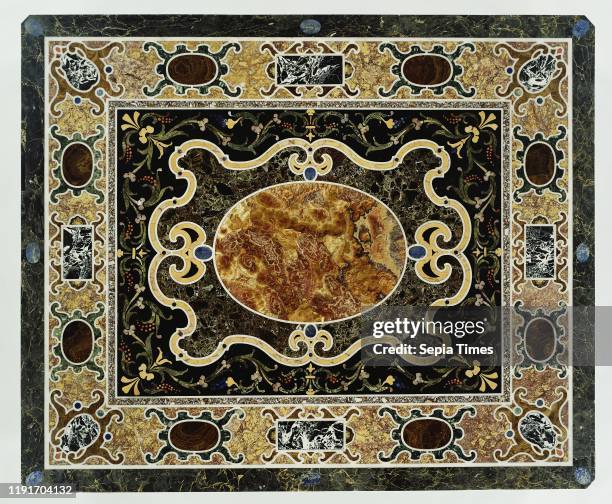 Tabletop, tabletop 1580 - 1600, base 1825, Pietre dure and marble commesso top including breccia di Tivoli , giallo antico, nero antico, breccia...