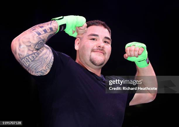 Andy Ruiz Jr poses for a photo after his work out ahead of the IBF, WBA, WBO & IBO World Heavyweight Title Fight between Andy Ruiz Jr and Anthony...