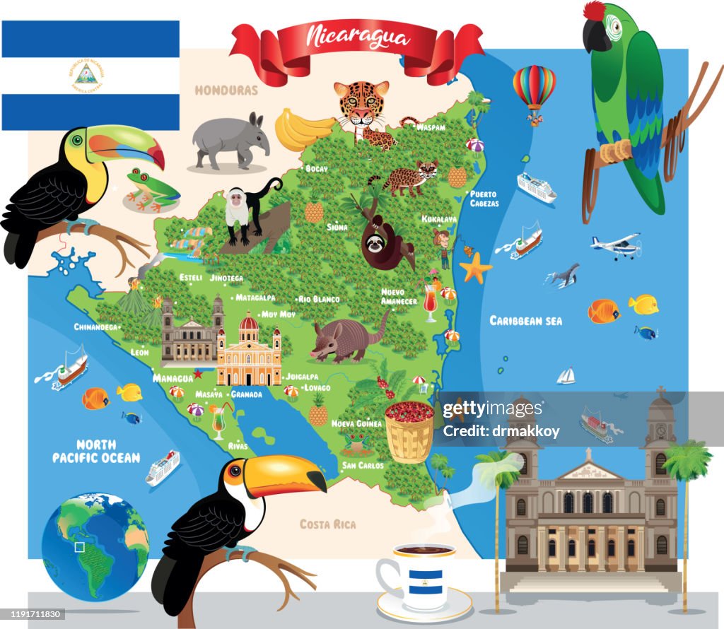 Cartoon Map of Nicaragua, Managua, Leon, Masaya, Chinandega, Matagalpa, Esteli, Granada, Jinotega, El Viejo, New Guinea, Sandino City, Juigalpa, Tipitapa, Bluefields, Diriamba, Ocotal, Puerto Cabezas, Chichigalpa, Rivas, San Rafael del Sur, Jinotepe,