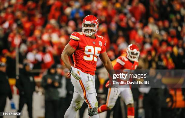 Chris Jones of the Kansas City Chiefs smiles after a third quarter sack against the Oakland Raiders at Arrowhead Stadium on December 1, 2019 in...