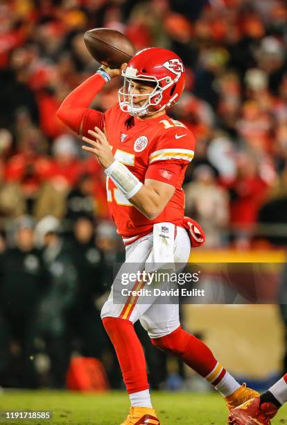 Patrick Mahomes of the Kansas City Chiefs throws a pass during the third quarter against the Oakland Raiders at Arrowhead Stadium on December 1, 2019...