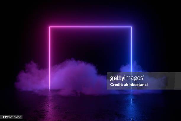 3d abstract background with ultraviolet neon lights, empty frame, cosmic landscape, glowing tunnel door with smoke - cor néon imagens e fotografias de stock
