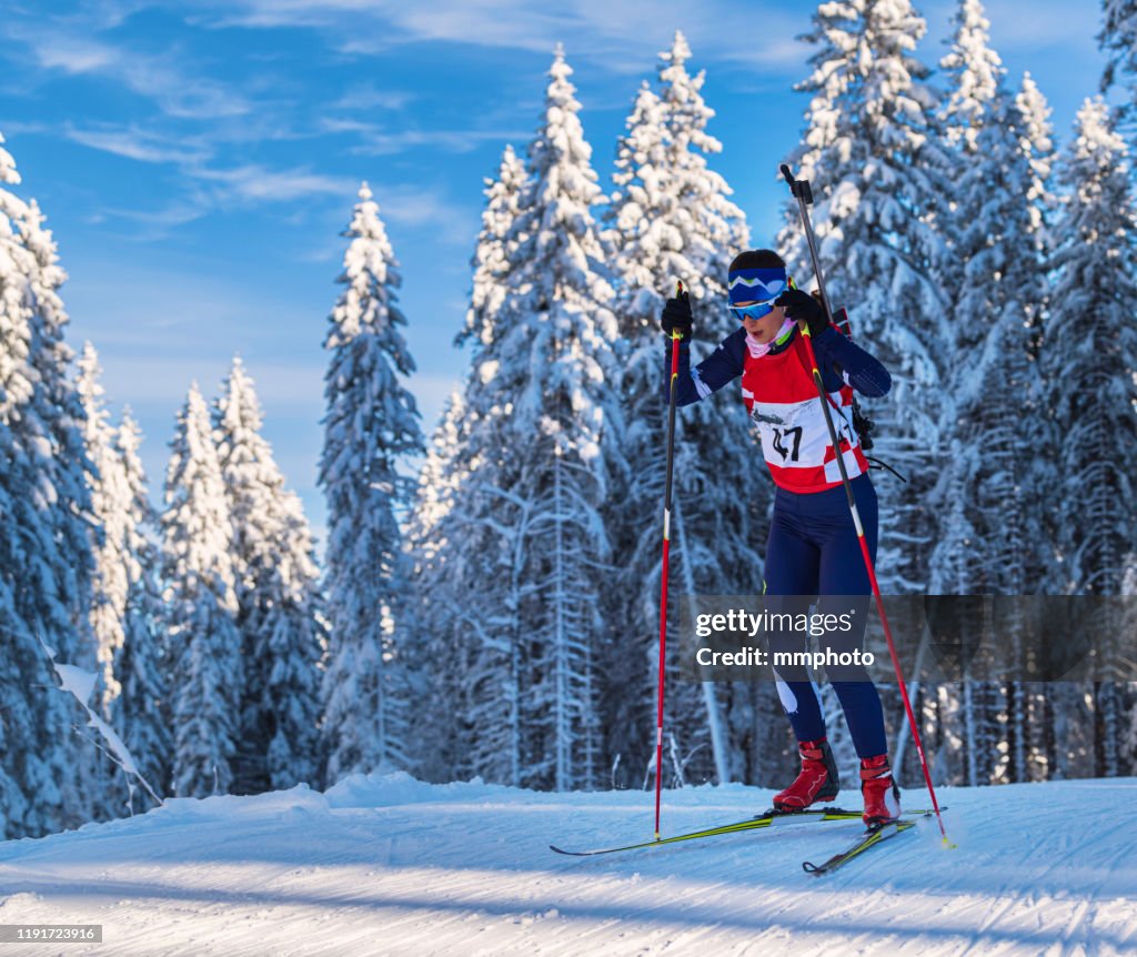 Shot of Young Female Biathlon Competitor at Cross Country Skiing