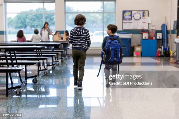 rear view of schoolboys in cafeteria - cantina imagens e fotografias de stock
