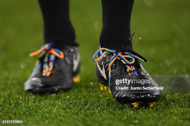 Rainbow laces are seen on the boots of referee Anthony Taylor prior to the Premier League match between Crystal Palace and AFC Bournemouth at...
