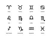 1907.m30.i020.n028.P.c25.1216420432 Zodiac symbols. Horoscope and astrology line signs, aries taurus gemini cancer leo virgo libra scorpio and other icons. Vector set