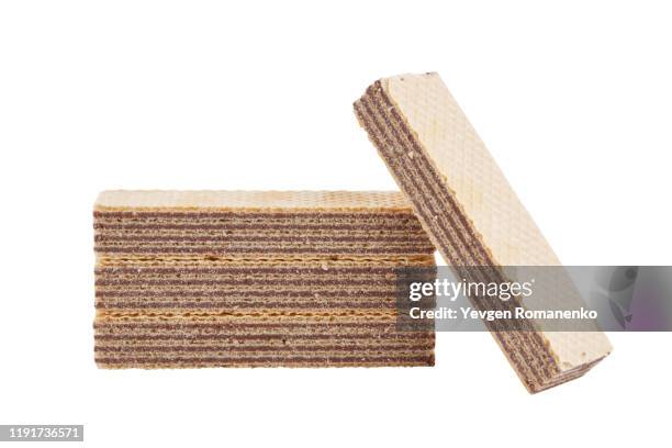 crispy wafer with chocolate filling isolated on white background - close up of chocolates for sale stock pictures, royalty-free photos & images