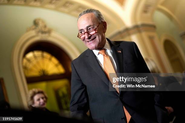 Senate Minority Leader Chuck Schumer arrives at a press conference following a weekly policy meeting at the U.S. Capitol on December 03, 2019 in...