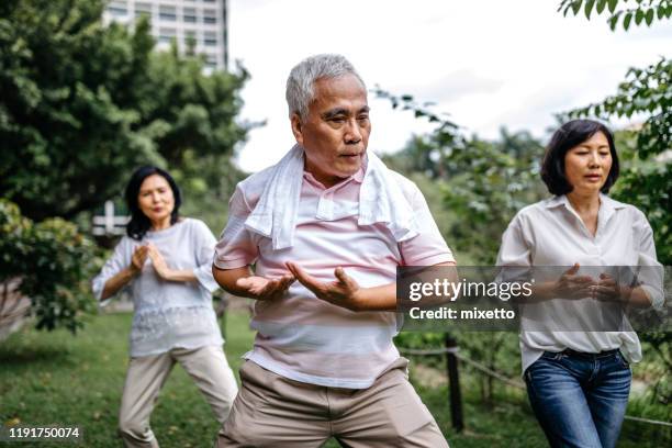 groupe d'aînés prenant la classe de tai chi - taijiquan photos et images de collection