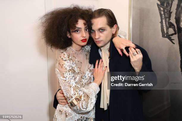 Clara Benador and Lucas Ionesco attend A Magazine curated by Pierpaolo Piccioli launch cocktail at Galerie Thaddaeus Ropac on December 03, 2019 in...