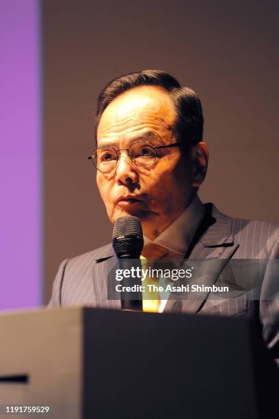 President Motoya Okada speaks during a press conference on the partnership with Ocado on November 29, 2019 in Tokyo, Japan.