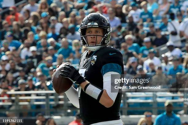 Nick Foles of the Jacksonville Jaguars attempts a pass during the game against the Tampa Bay Buccaneers at TIAA Bank Field on December 01, 2019 in...