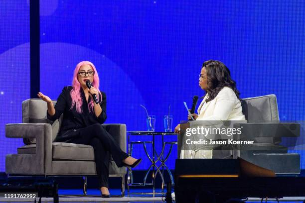 Lady Gaga and Oprah Winfrey speak during Oprah's 2020 Vision: Your Life in Focus Tour presented by WW at BB&T Center on January 4, 2020 in Sunrise,...