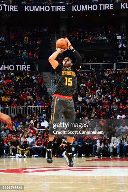 Vince Carter of the Atlanta Hawks shoots a three point basket during the game against the Indiana Pacers on January 4, 2020 at State Farm Arena in...