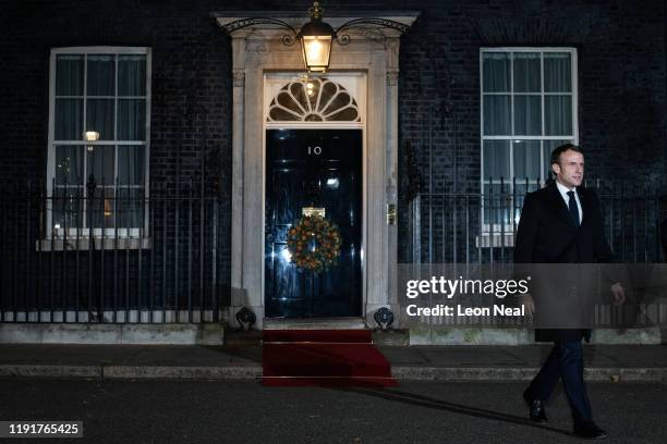 President of France, Emmanuel Macron leaves number 10 Downing Street following a reception on December 3, 2019 in London, England. France and the UK...