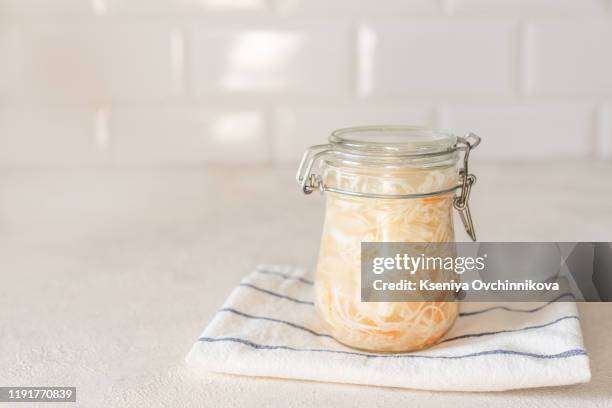 fermented preserved vegetarian food concept. cabbage kimchi, broccoli marinated. canned food concept. - choucroute stock-fotos und bilder