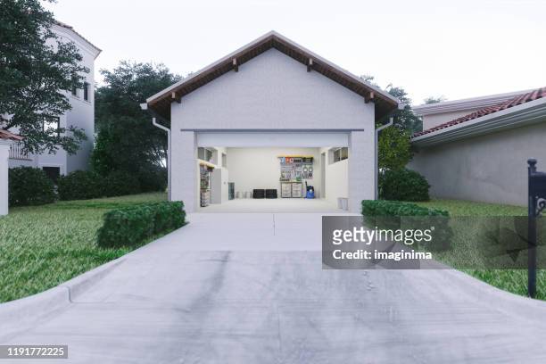 open garage with concrete driveway - garage doors imagens e fotografias de stock