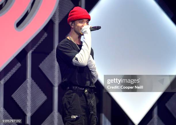 Daniel Seavey of Why Don't We performs onstage during 106.1 KISS FM's Jingle Ball 2019 at Dickies Arena on December 03, 2019 in Dallas, Texas.