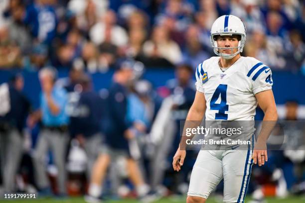 Adam Vinatieri of the Indianapolis Colts reacts to having his field goal attempt blocked during the first quarter against the Tennessee Titans at...