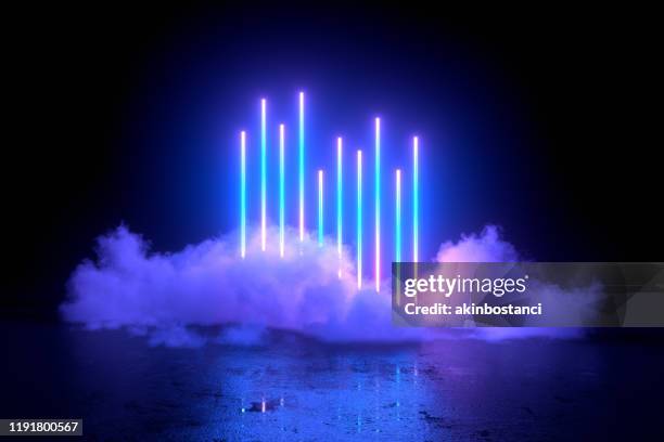 3d abstract background with ultraviolet neon lights, empty frame, cosmic landscape, glowing tunnel door with smoke - fluorescent stock pictures, royalty-free photos & images