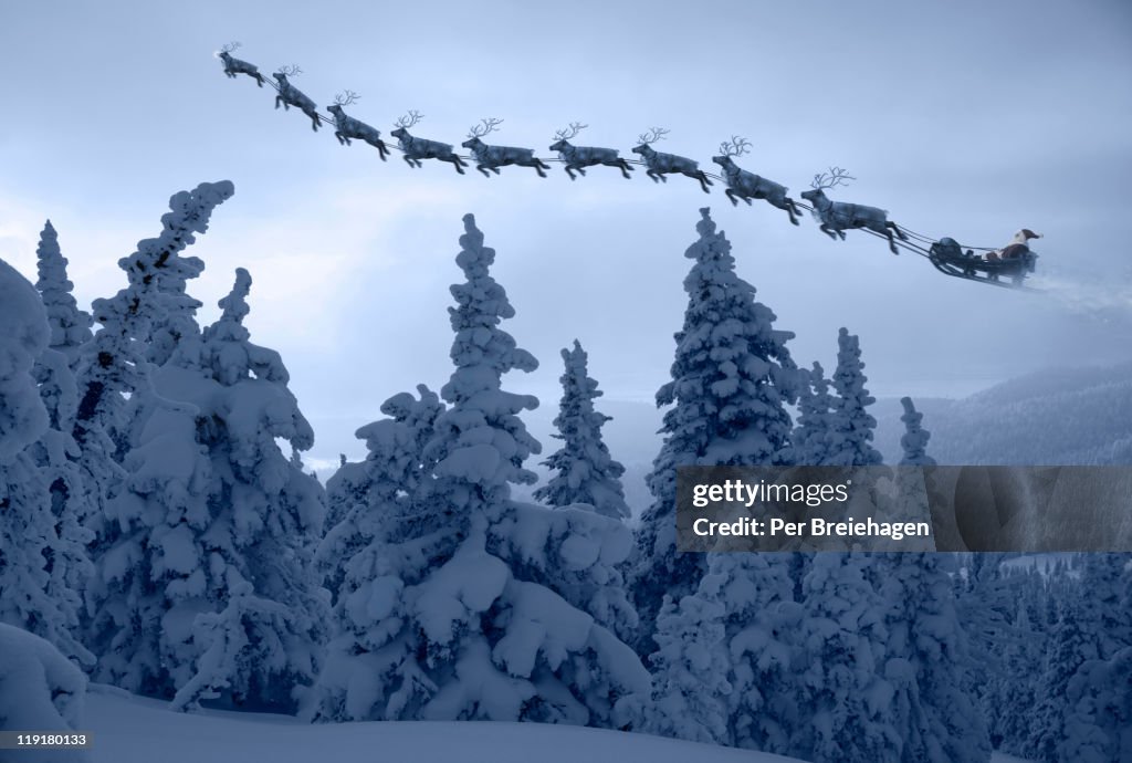 Santa Clause and his reindeer above a snowy forest