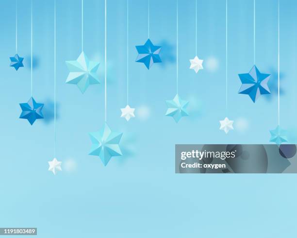 snowflakes and garland of stars on blue background. minimal christmas concept, 3d rendering ornaments, aqua background - hanging wallpaper stock pictures, royalty-free photos & images