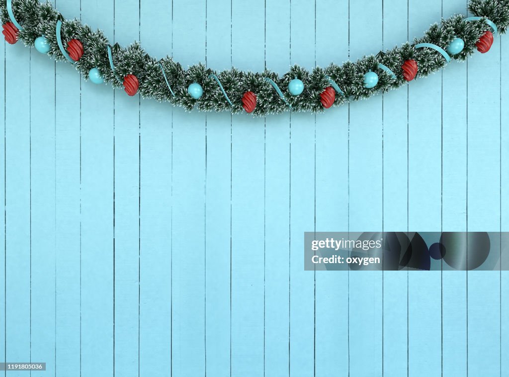Christmas Garland Decorationon on Aqua Wooden Wall Background, 3d rendering
