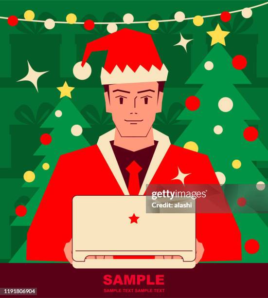 smiling handsome man dressed in a santa claus suit working on a laptop - cosplay stock illustrations