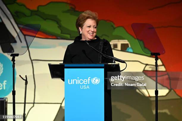 Former CEO and President of UUSA, Caryl M. Stern speaks onstage during the 15th Annual UNICEF Snowflake Ball 2019 at 60 Wall Street Atrium on...