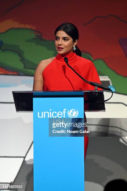 Priyanka Chopra Jonas speaks on stage during the 15th Annual UNICEF Snowflake Ball 2019 at Cipriani Wall Street on December 03, 2019 in New York City.