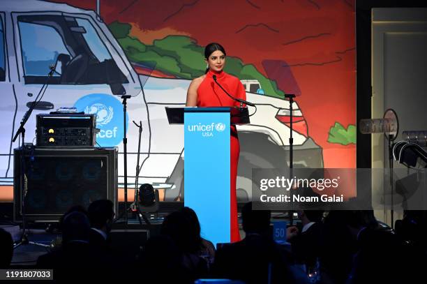 Priyanka Chopra Jonas speaks on stage during the 15th Annual UNICEF Snowflake Ball 2019 at Cipriani Wall Street on December 03, 2019 in New York City.