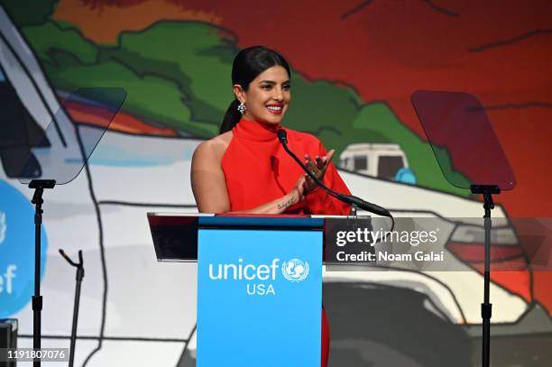 Priyanka Chopra Jonas speaks on stage during the 15th Annual UNICEF Snowflake Ball 2019 at Cipriani Wall Street on December 03, 2019 in New York City.