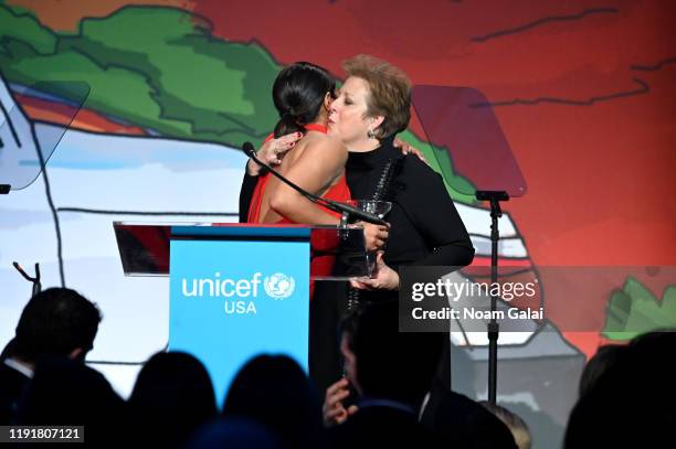 Priyanka Chopra Jonas and Caryl M. Stern on stage during the 15th Annual UNICEF Snowflake Ball 2019 at Cipriani Wall Street on December 03, 2019 in...